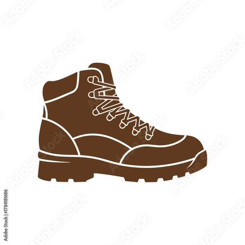 Illustration of a brown hiking boot with white laces and trim on a white background.