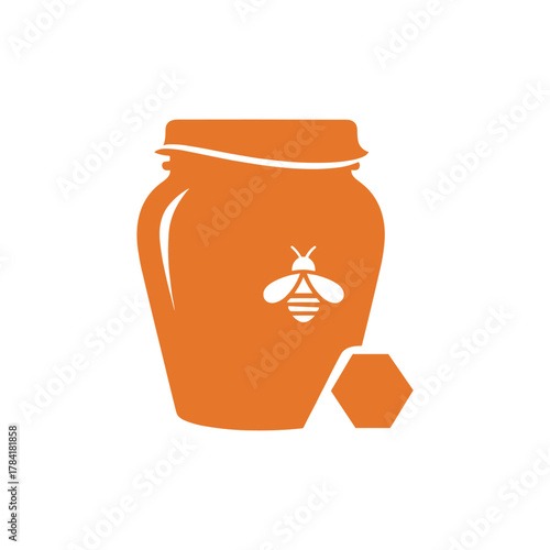 Illustration of a jar of honey with a bee and a honeycomb.
