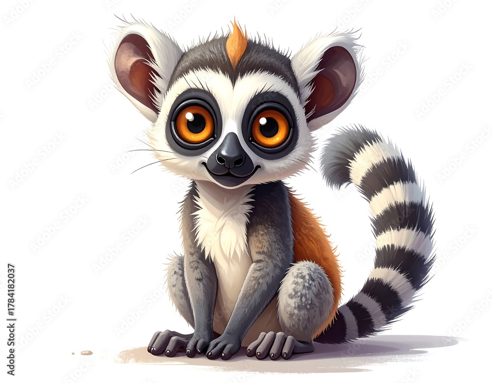 Obraz premium Cartoon lemur sitting with big eyes and striped tail on a white background