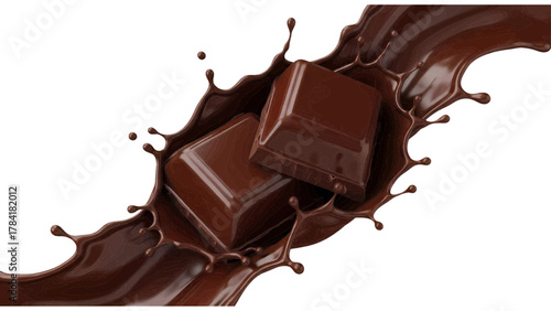 Vector illustration of chocolate cubes splashing into liquid chocolate on a white background