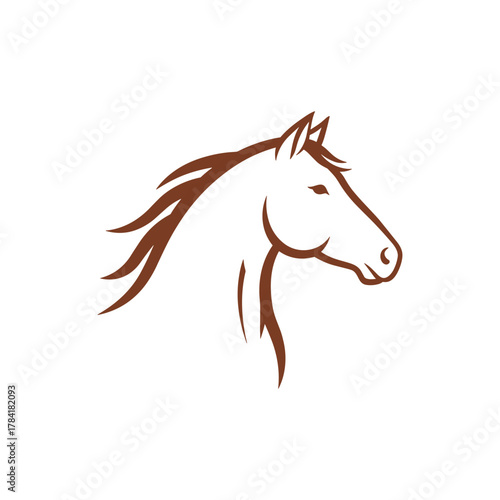A simple, elegant brown line art illustration of a horse's head and neck, depicted in profile against a white background.