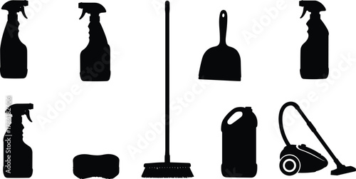 Cleaning tools silhouette, spray bottles, sponge, broom, dustpan, vacuum cleaner, detergent container, black white icons, household supplies, sanitation equipment