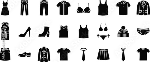 Clothing icon set, fashion silhouette, apparel graphic, dress, shirt, pants, blazer, footwear, underwear, accessories, style, wardrobe, design, outfit, garment, trendy, casual, formal