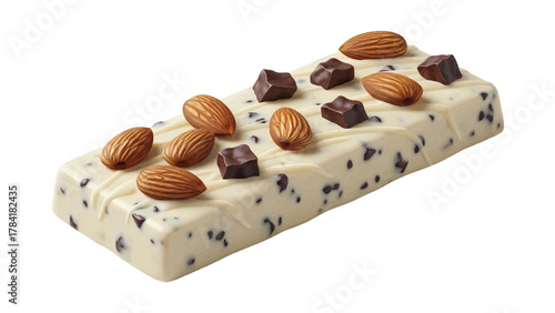 Vector illustration of white chocolate bar with almonds and chocolate chunks on a white background
