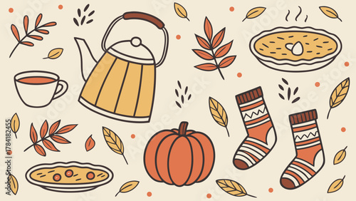Vintage fall cozy seamless pattern, cute autumn season design. Hand drawn crayon doodle pumpkins, teapots, candles, mugs, socks, pies, floral frames, jam, and falling leaves. Vector repeating backgrou