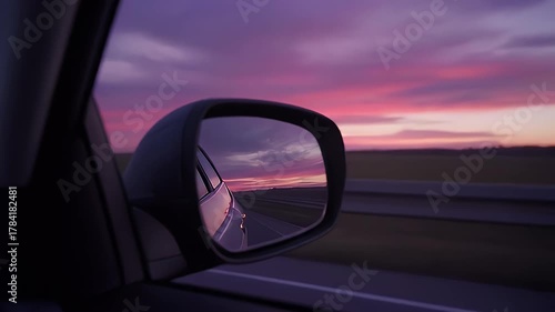 Reflection Of Dramatic Purple Pink Sunset Sky In Side Mirror Of Moving Car On Highway During Dusk