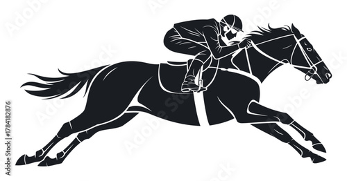 Horse Racing Silhouette Vector – Jockey on Galloping Horse in Dynamic Pose Representing Speed, Strength, and Equestrian Sports for Logos, Posters, and Competition Graphic Design