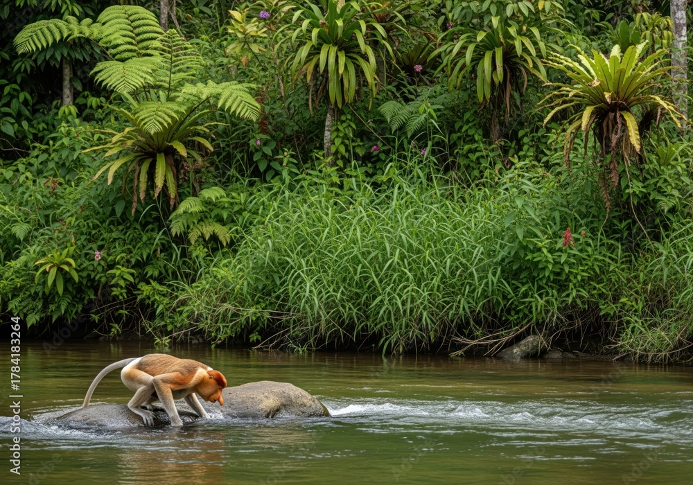 Fototapeta premium Wild proboscis monkey standing on a boulder in a fast flowing river in the rainforest