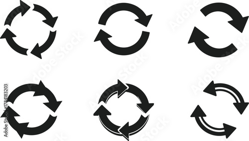 Circular arrow icons set, black refresh and reload symbols, cycle rotation, synchronization, update loop design, process flow illustration vector