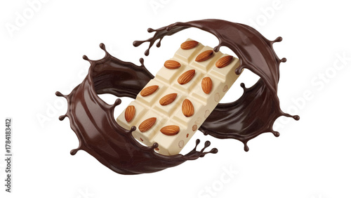 Vector illustration of white chocolate bar with almonds, splashing into dark chocolate on a white background