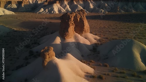 Majestic Eroded Rock Formations In A Desert Landscape Under Golden Hour Sunlight