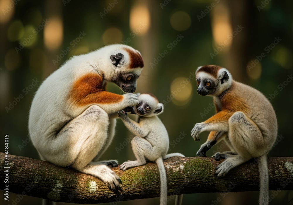 Obraz premium Wildlife scene of sifaka lemur family grooming their baby on a jungle branch