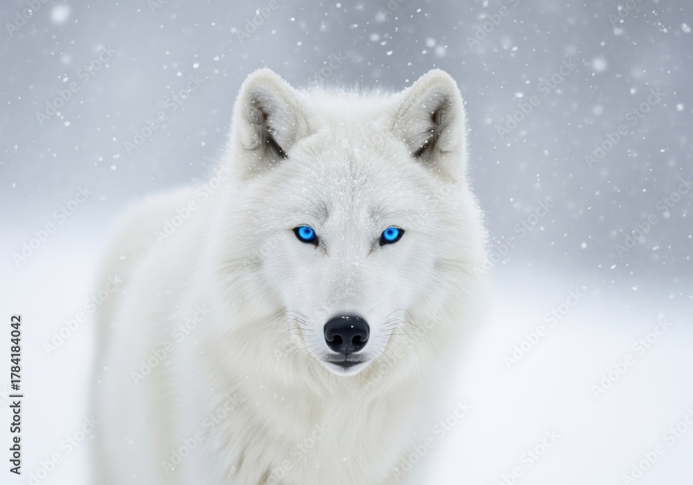 Fototapeta premium Intense portrait of a pure white arctic wolf with striking blue eyes during a winter snowstorm.