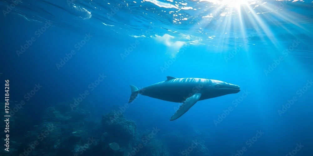 Fototapeta premium Ocean depths teem with vibrant life, a blue whale glides majestically through sun-dappled water, mammal, deep