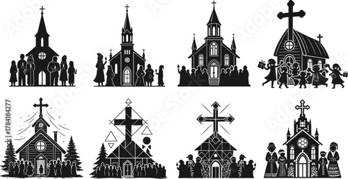 Church architecture illustration, religious gathering scene, black and white drawing, worship community, steeple design, symbolic churches, spiritual gathering, trees