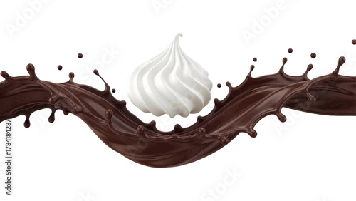 Vector illustration of a swirl of rich dark chocolate splashing around a fluffy white meringue on a white background