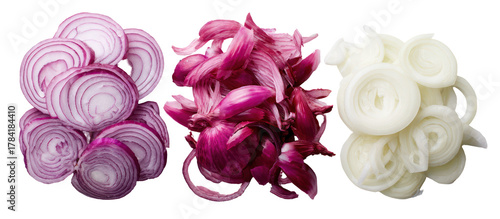 Three piles of sliced red and white onions isolated on transparent background