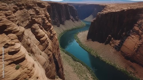 Aerial View of Horseshoe Bend Canyon with Colorado River on a Sunny Day in Arizona