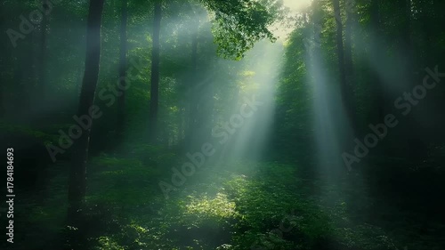 Sunlight Streams Through Lush Green Forest Canopy Illuminating Misty Atmosphere With Tiny Light Particles Floating Throughout