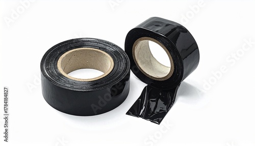 Two rolls of black electrical tape on a white background, one partially unrolled, for insulation and repairs