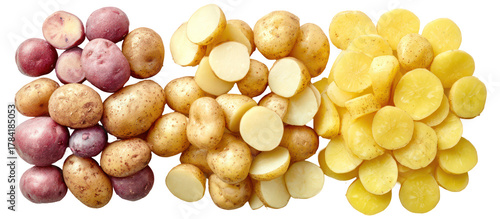 Three varieties of potatoes whole and sliced isolated on transparent background