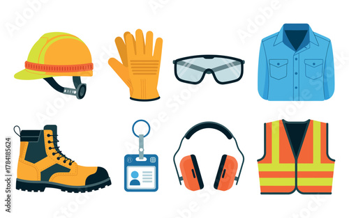 Equipment and Personal Protective Gear. Hard Hats, Gloves, Goggles, and Helmets for Construction, Factory, and Industrial Workplace Protection.