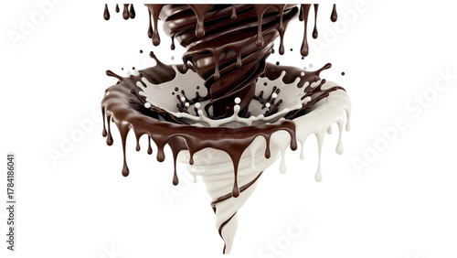 Vector illustration of chocolate vortex with milk splash on a white background