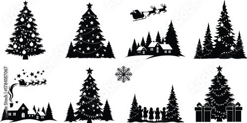 Christmas silhouette icons, festive tree, Santa sleigh, reindeer flying, holiday decorations, winter celebration, snowflake design, carol singers, gift scene, pine forest