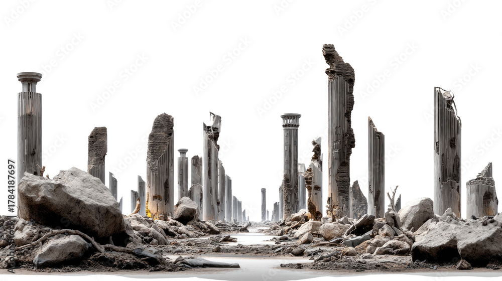 Fototapeta premium Ruined pillars and rubble: A desolate scene of weathered stone, capturing the remnants of a fallen civilization, standing as a testament to history and the passage of time.