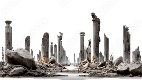 Ruined pillars and rubble: A desolate scene of weathered stone, capturing the remnants of a fallen civilization, standing as a testament to history and the passage of time.