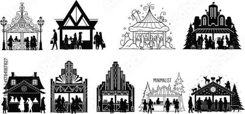 Christmas market stalls, festive booth illustrations, winter fair architecture, black and white drawing, holiday shopping, pine trees, people interacting, seasonal celebration