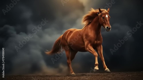 Majestic brown horse galloping through stormy skies