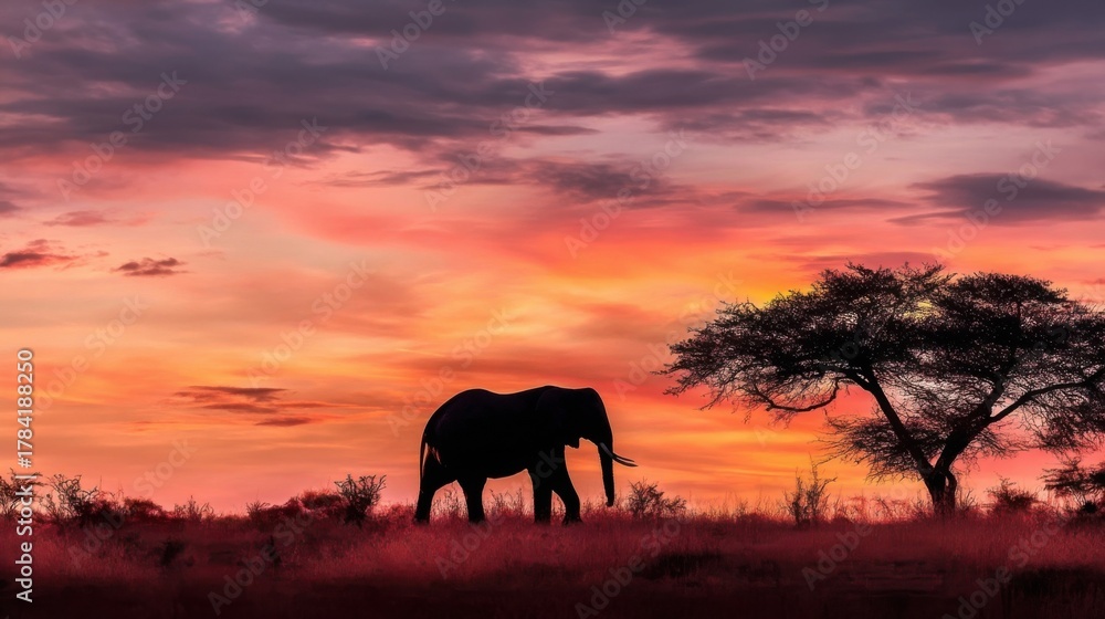 Fototapeta premium Silhouette of an elephant walking with trunk extended near a tree during vibrant sunset or sunrise in an open landscape