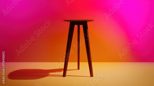 A three-legged stool stands against a gradient orange background transitioning from deep red to bright pink,