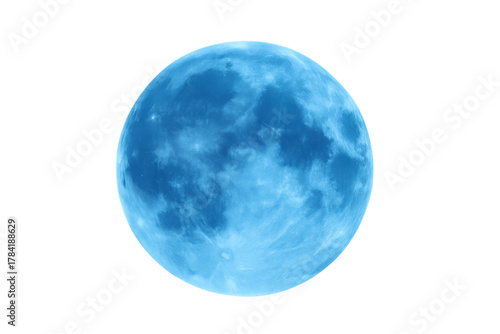 Blue full moon showing craters and shadows during a lunar eclipse or special celestial event, a vibrant blue planet on transparent background