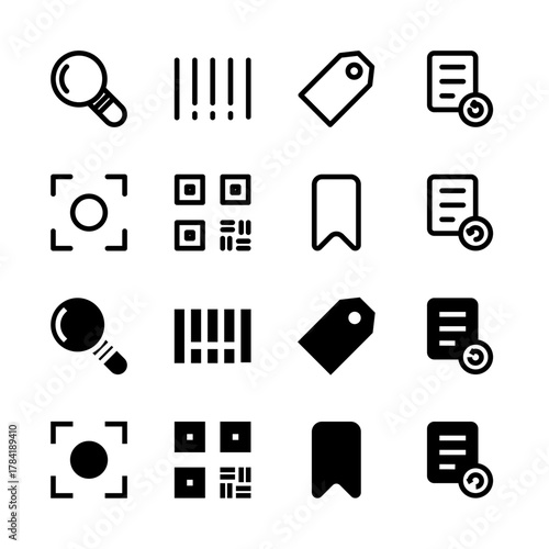 Search and Discovery Solid and Line Icon Set - Scan Barcode QR Tag Bookmark Elements
