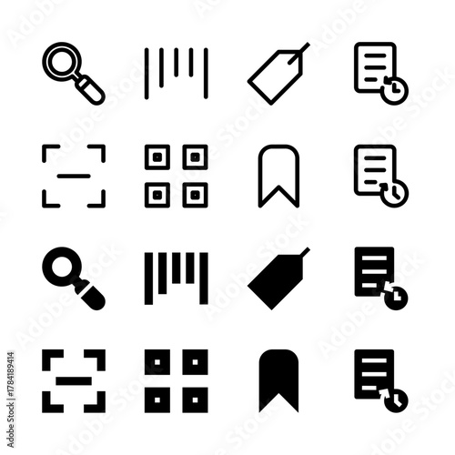 Search and Discovery Solid and Line Icon Set - Scan Barcode QR Tag Bookmark Elements
