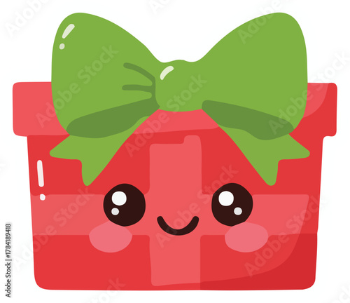 Cute Gift Box With Green Bow Vector Illustration
