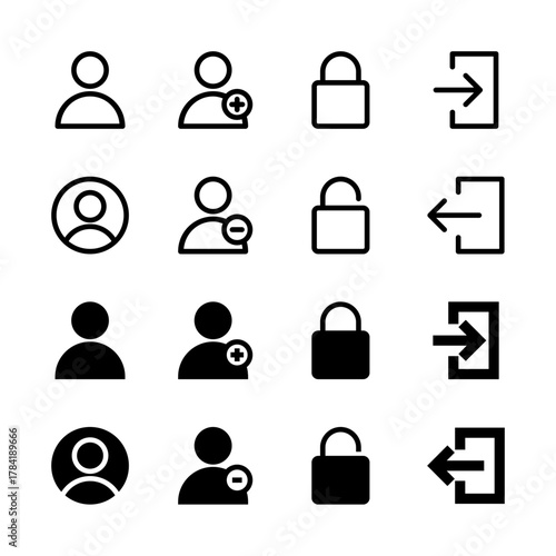 User and Account Management Solid and Line Icon Set - Profile Login Security Elements