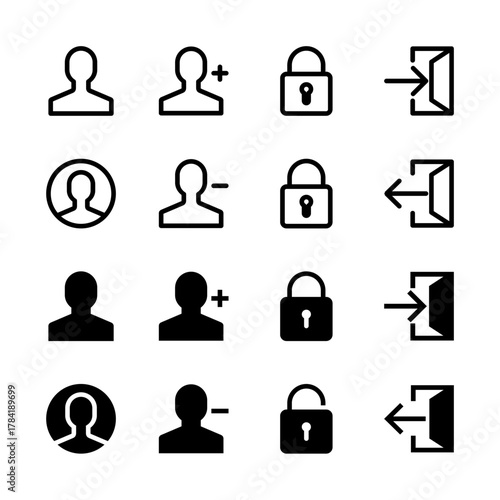 User and Account Management Solid and Line Icon Set - Profile Login Security Elements