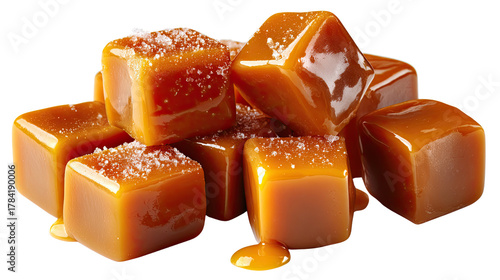 Sweet Treats: A delectable arrangement of glistening, golden caramels, sprinkled with a touch of sea salt, inviting a taste of pure indulgence and delight.