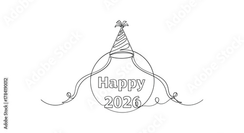 Hand drawn sketch of a champagne bottle with party hat and ribbons celebrating happy 2026