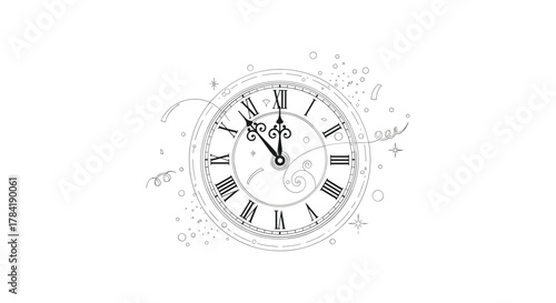 Vintage roman numeral clock face with abstract swirling lines and dots on white background