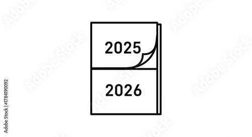 Calendar pages showing the transition from year 2025 to 2026 with a turning page