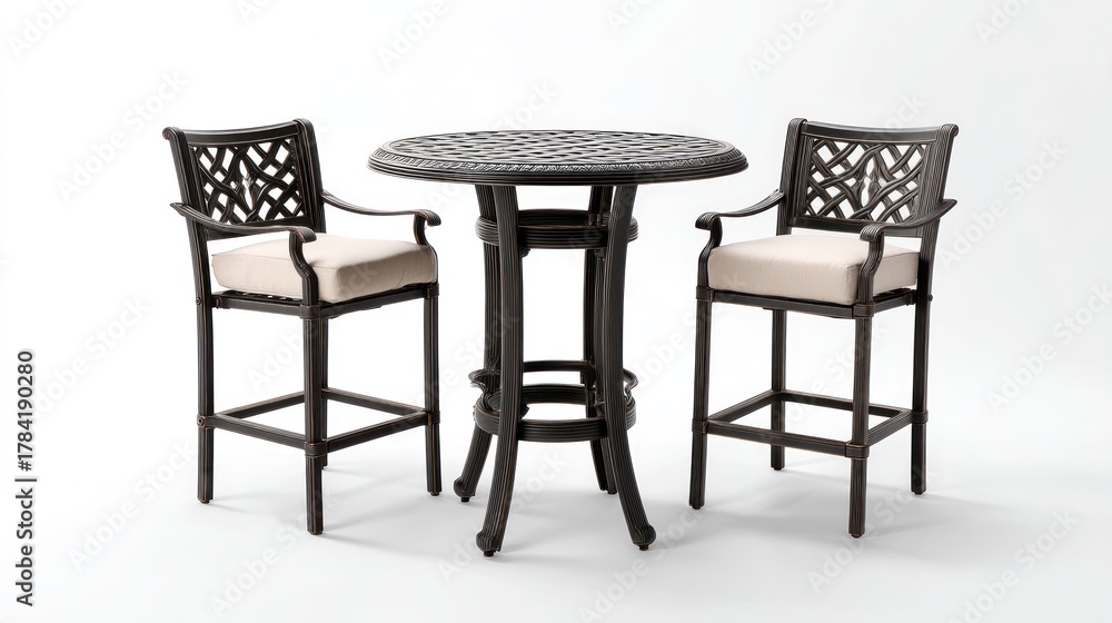 Obraz premium A round, metal outdoor dining table with a lattice top and two matching bar stools with beige cushions, placed on a white background with a white wall in the background.