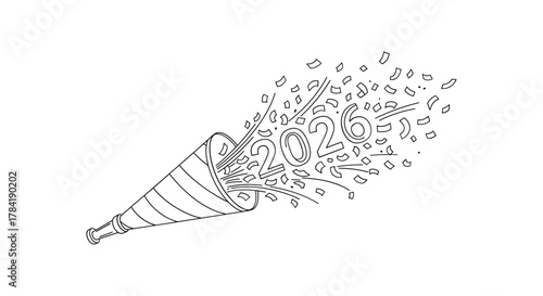 Hand drawn party popper exploding with confetti