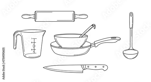 Illustration of kitchen utensils including rolling pin measuring cup and knife pot