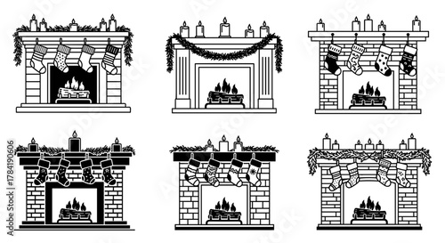 Illustration of six fireplaces decorated with stockings candles and garland decor