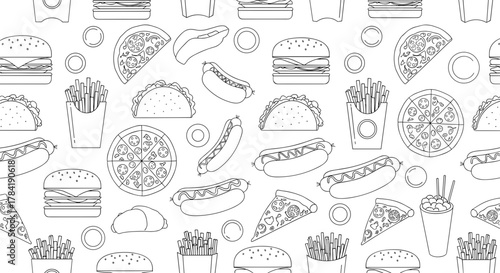 Seamless pattern of outlined fast food items including burgers pizza tacos and fries