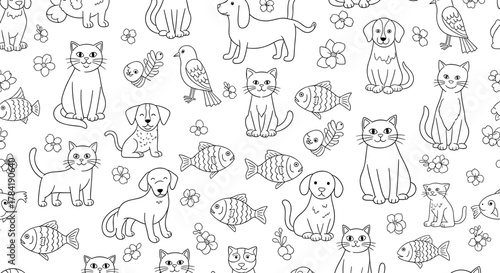 Seamless pattern featuring outlined cats dogs birds and fish with floral accents design